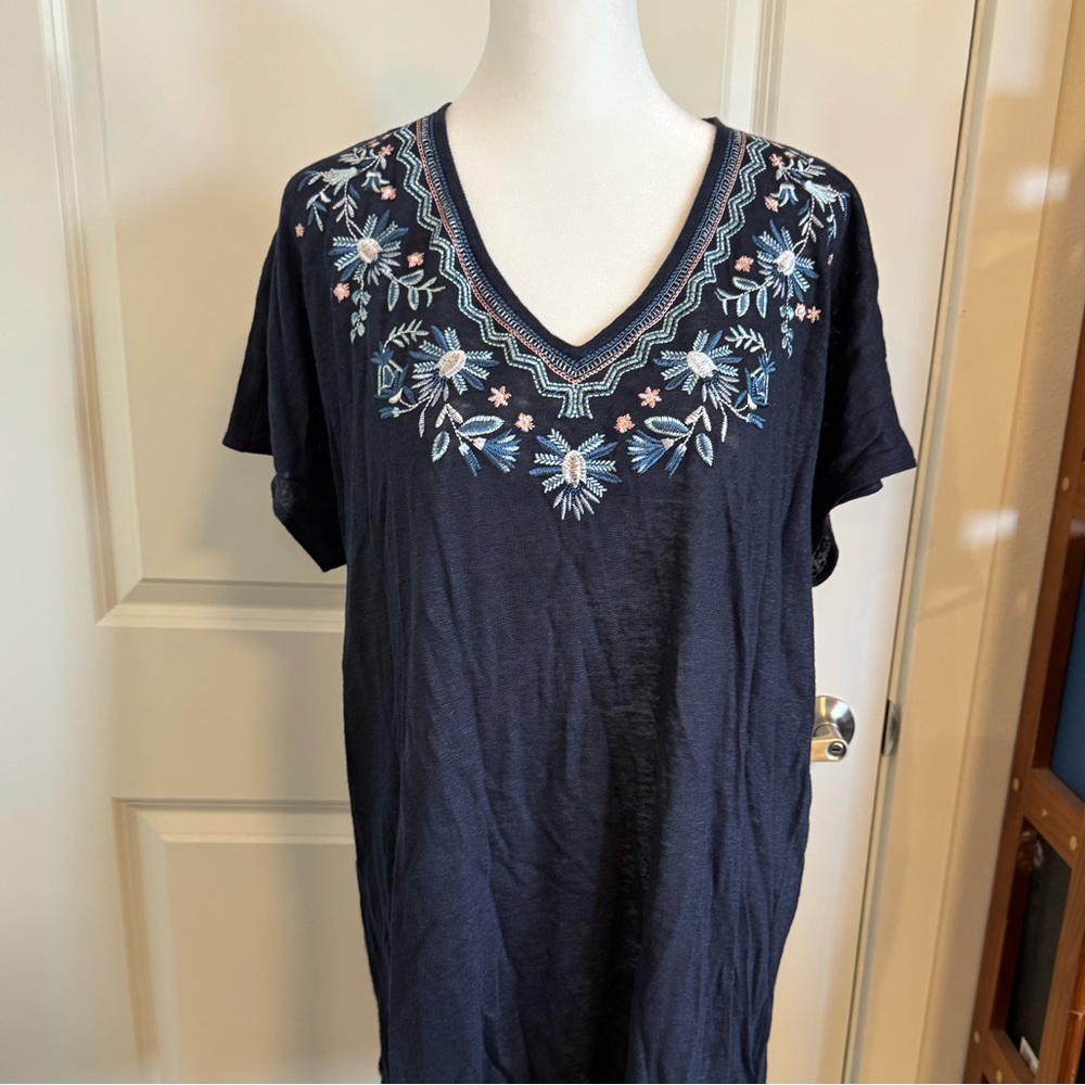 J. Jill Navy Linen Tunic with Floral Embroidery
